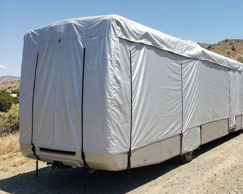 The rear of a Class A motorhome on a gravel pad in dry hill country, under a fitted silver cover.