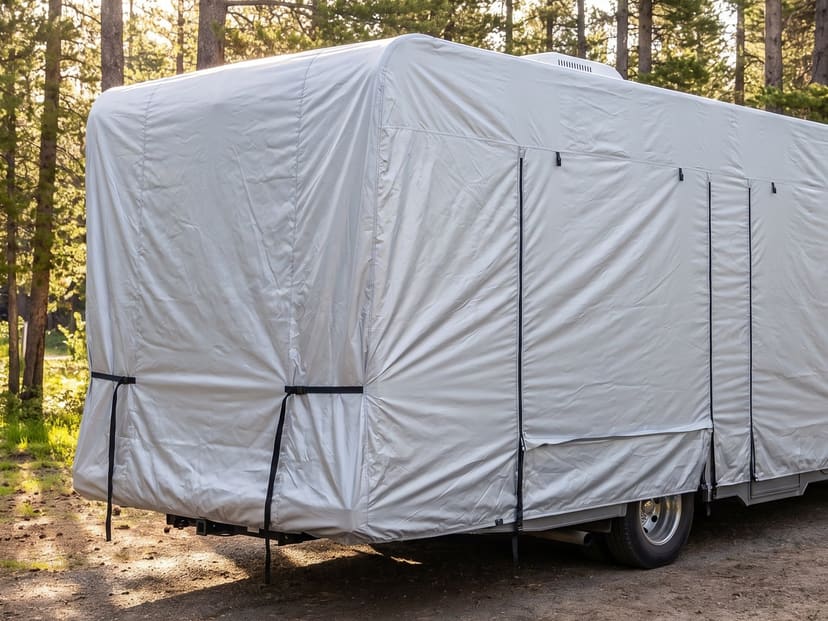 A Class C motorhome at a forest campground, under a fitted silver cover.
