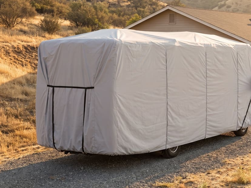 The rear of a Class A motorhome on a gravel drive beside a ranch house, under a fitted light grey cover.