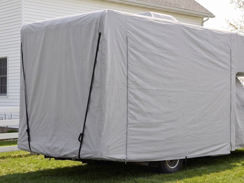 A Class C motorhome beside a white farmhouse in spring, under a fitted light grey cover that runs over the cab-over bunk.
