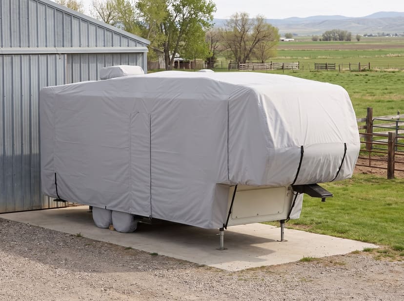 A fifth-wheel trailer on a concrete pad beside a farm barn, under a fitted light grey cover.