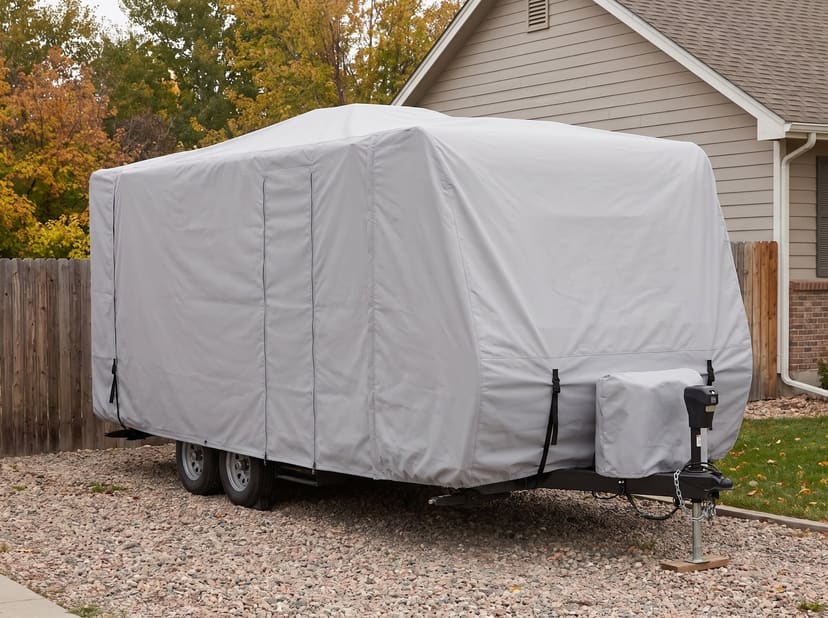 A travel trailer on a gravel pad beside a house in autumn, under a fitted light grey cover.