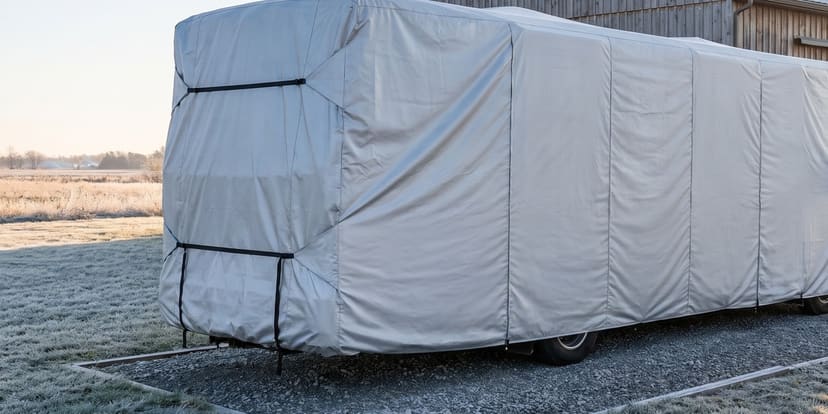 A Class A motorhome on a frosted gravel pad beside a barn, under a fitted silver cover.