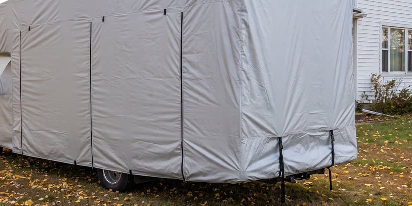 A motorhome parked in an autumn yard beside a farmhouse, under a fitted silver cover.