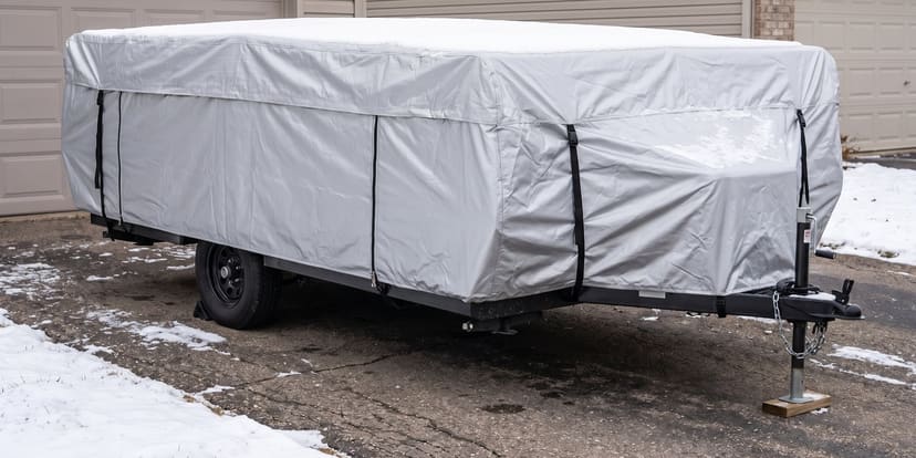 A folded pop-up camping trailer on a snowy driveway beside a garage, under a fitted silver cover.