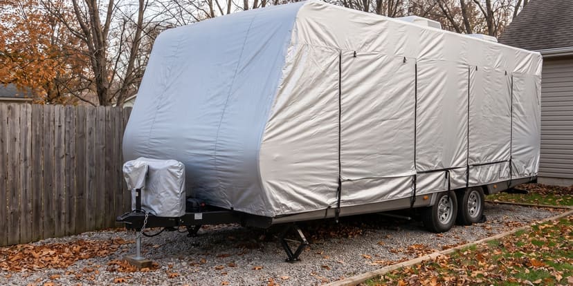 A travel trailer parked for the off-season in a side yard beside a wooden fence, under a fitted silver cover.