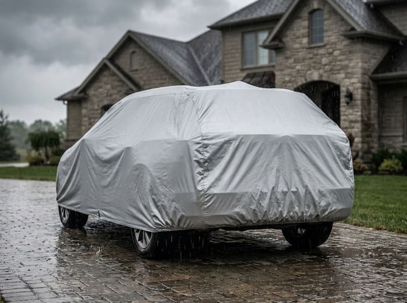 An SUV under a silver cover in the rain on a stone driveway in front of a house.
