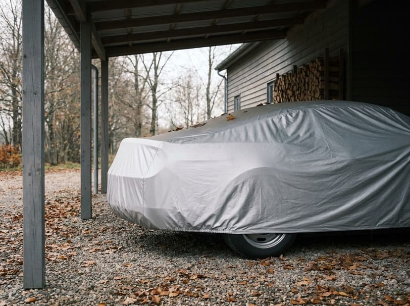 A car under a silver cover in an open carport, autumn leaves on the gravel.