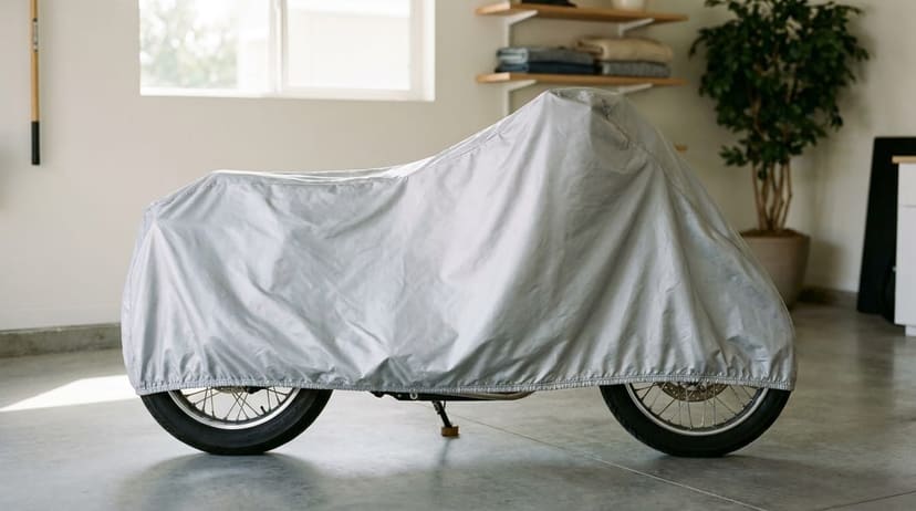 A motorcycle under a loose silver cover in a bright, tidy garage with a plant and shelves.