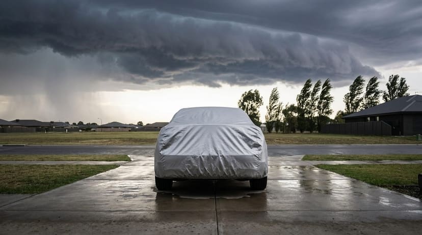 The rear of a car under a silver cover on a long driveway as a storm front rolls in.