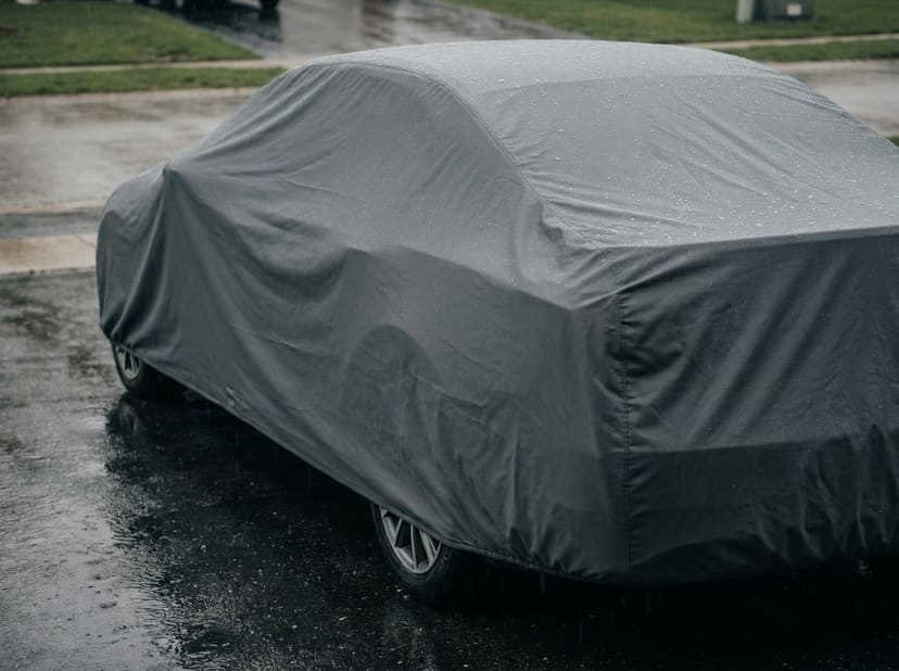 A car under a grey cover beaded with rain on a wet driveway, seen from the rear.