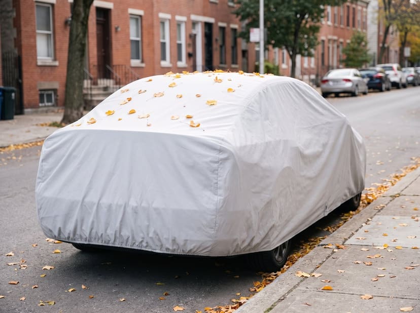 The rear of a sedan under a light grey cover parked at the curb of a brick row-house street, a few fallen leaves on its roof and the sidewalk