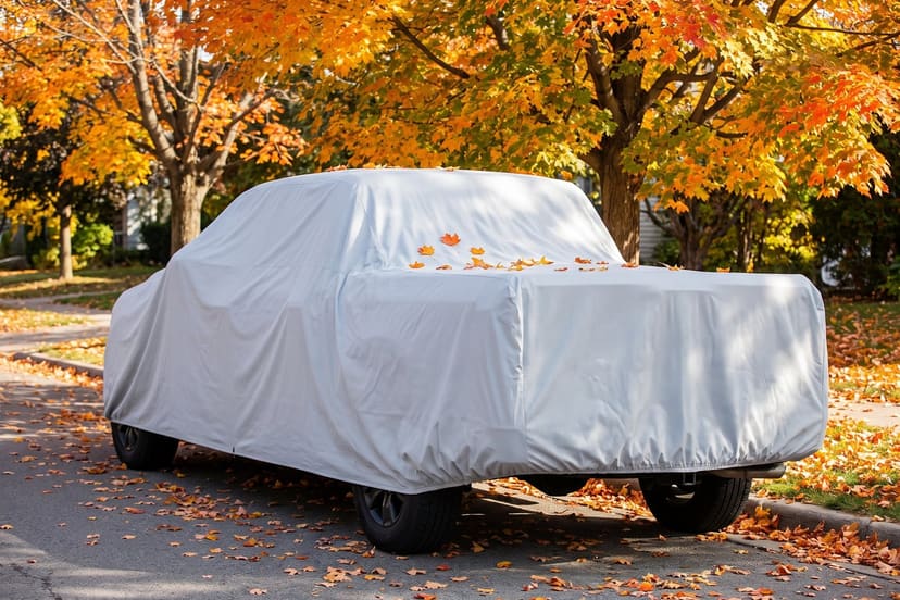 A pickup under a light grey cover on a leaf-strewn street at the curb beneath orange autumn trees, a few leaves on its roof