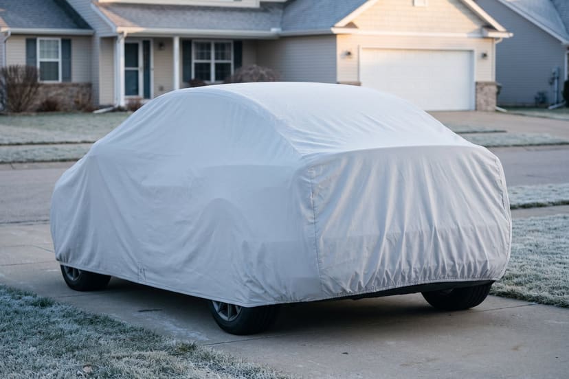 A sedan under a light grey cover on a frosted driveway in front of a house, early on a clear winter morning