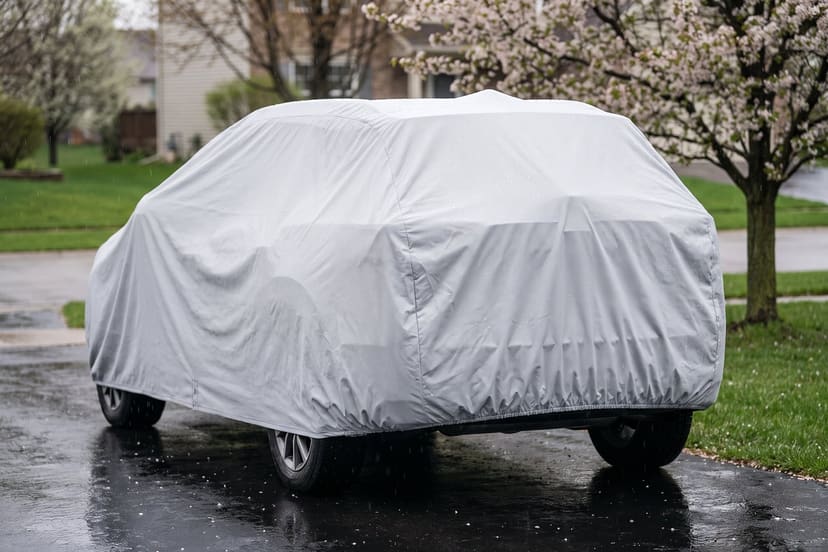 A crossover under a light grey cover on a wet driveway after spring rain, a blossoming tree behind it