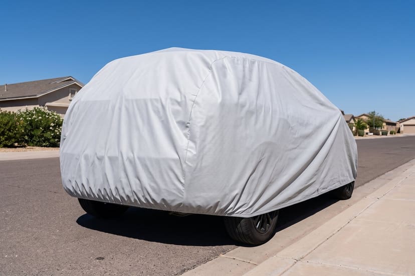 A hatchback under a light grey cover parked at the curb of a quiet street under a clear summer sky