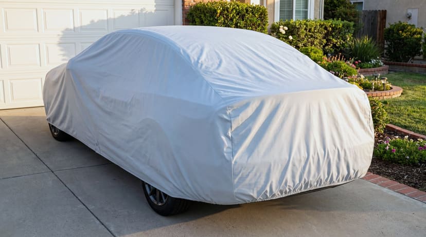 A sedan under a light grey cover on a home driveway beside a white garage door and a flower bed