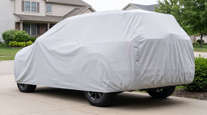A three-row SUV under a light grey cover on a suburban driveway in soft daylight