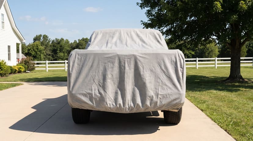 The rear of a pickup truck under a light grey cover on a sunny driveway, a white fence and lawn behind