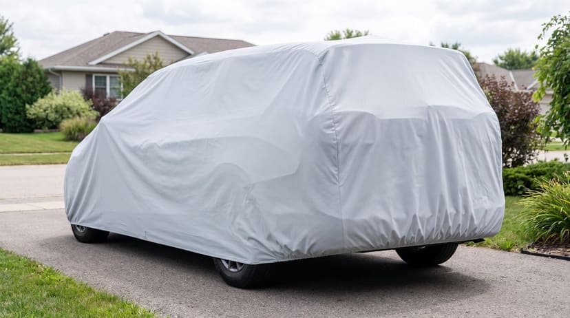 A minivan under a light grey cover on a driveway in front of a house on an overcast day