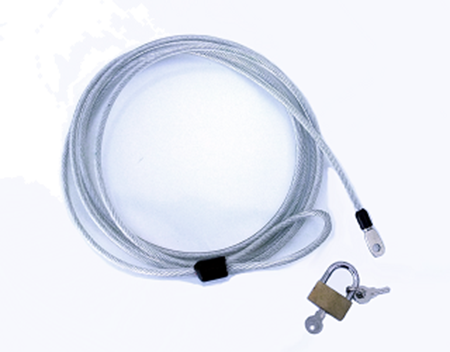 A coiled steel cable with a small padlock and two keys.