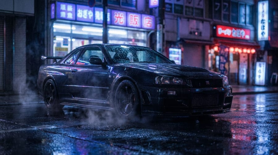 A JDM sports car on a rain-slicked, neon-lit city street at night.