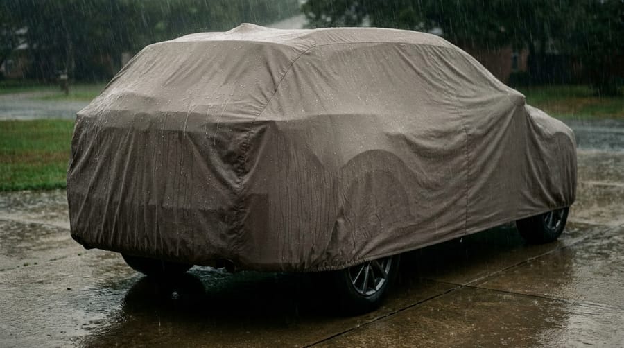Rain beading on a covered car