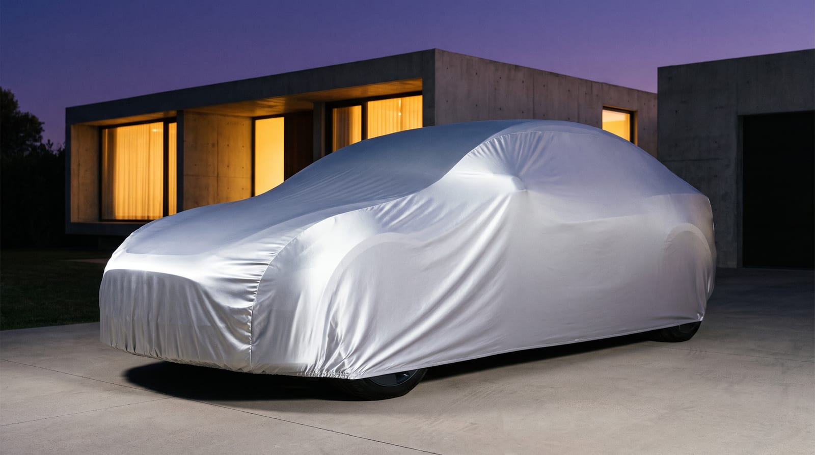 An electric car under a silver cover at dusk