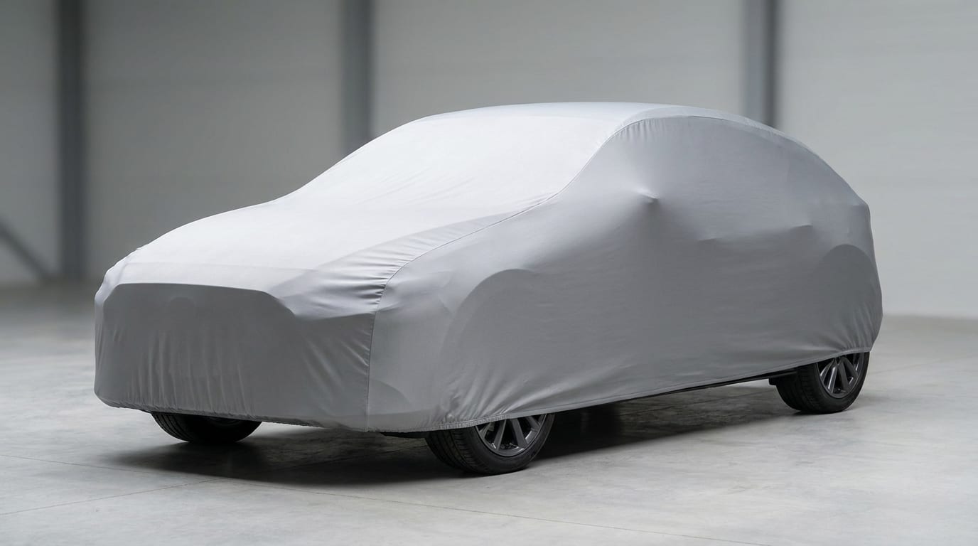 A grey cover fitted to a car in a studio