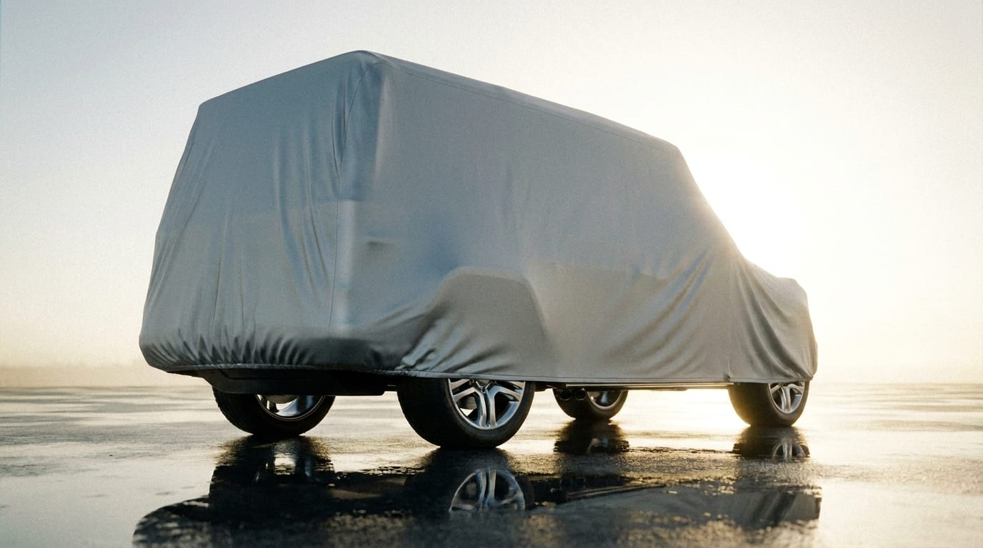A boxy SUV under a light grey cover on wet pavement, backlit by a hazy sun.