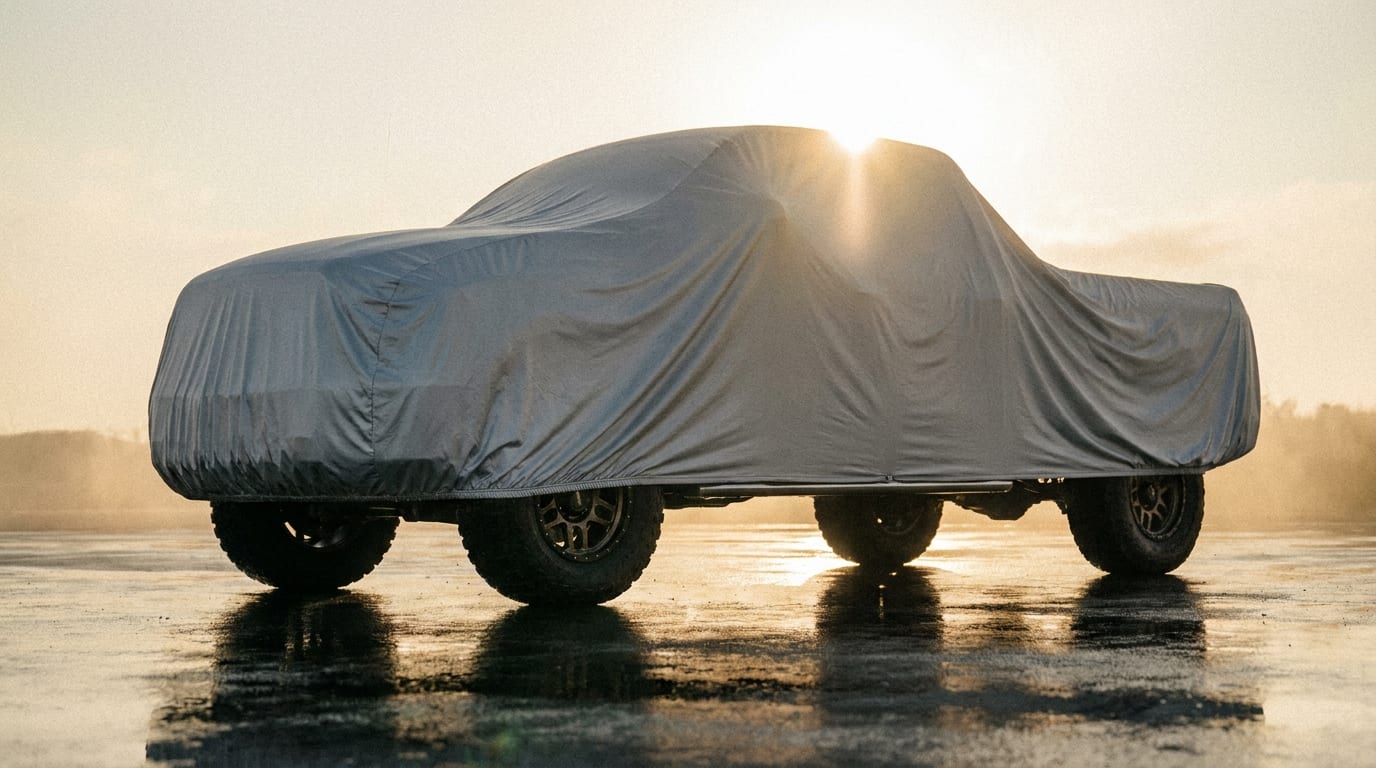 A pickup truck backlit in a studio