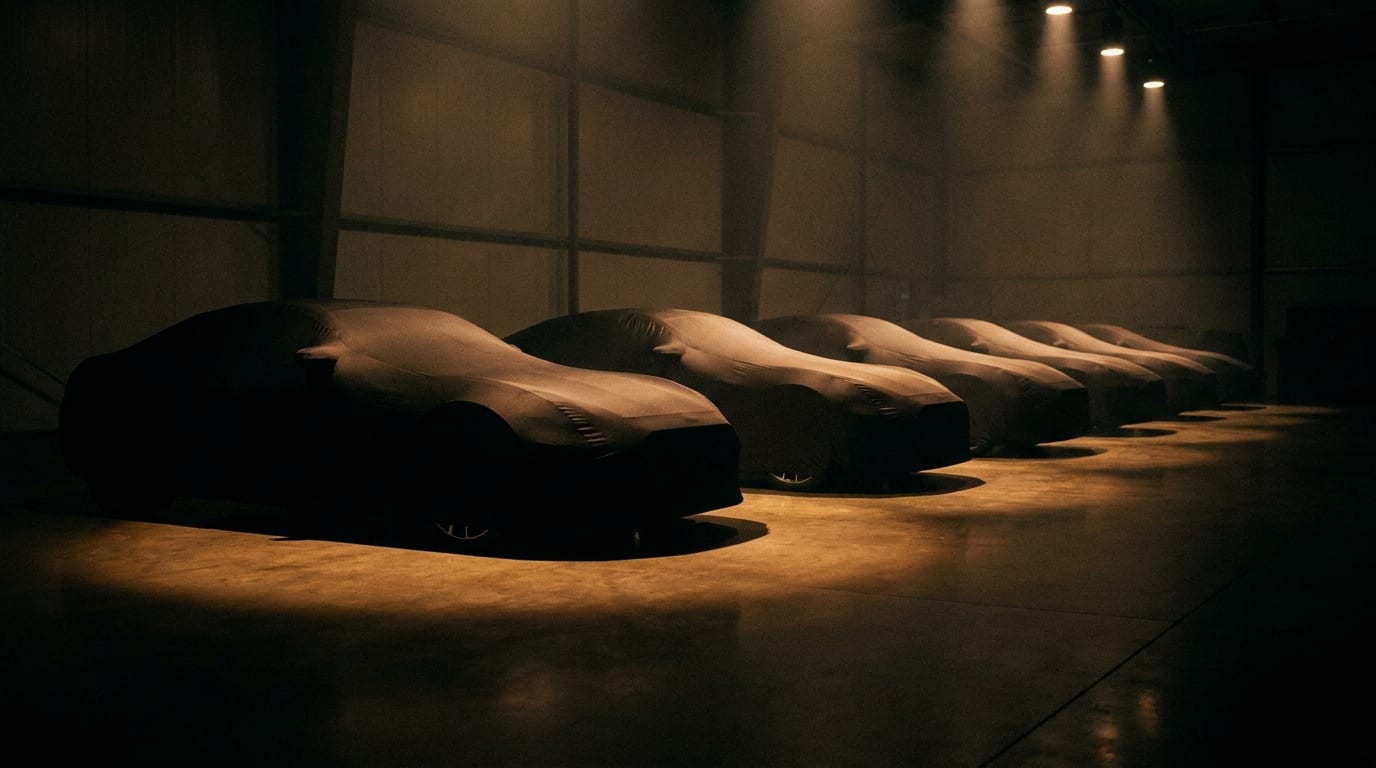 A row of cars under fitted black covers in a dark garage, warm light pooling on the floor beneath them.