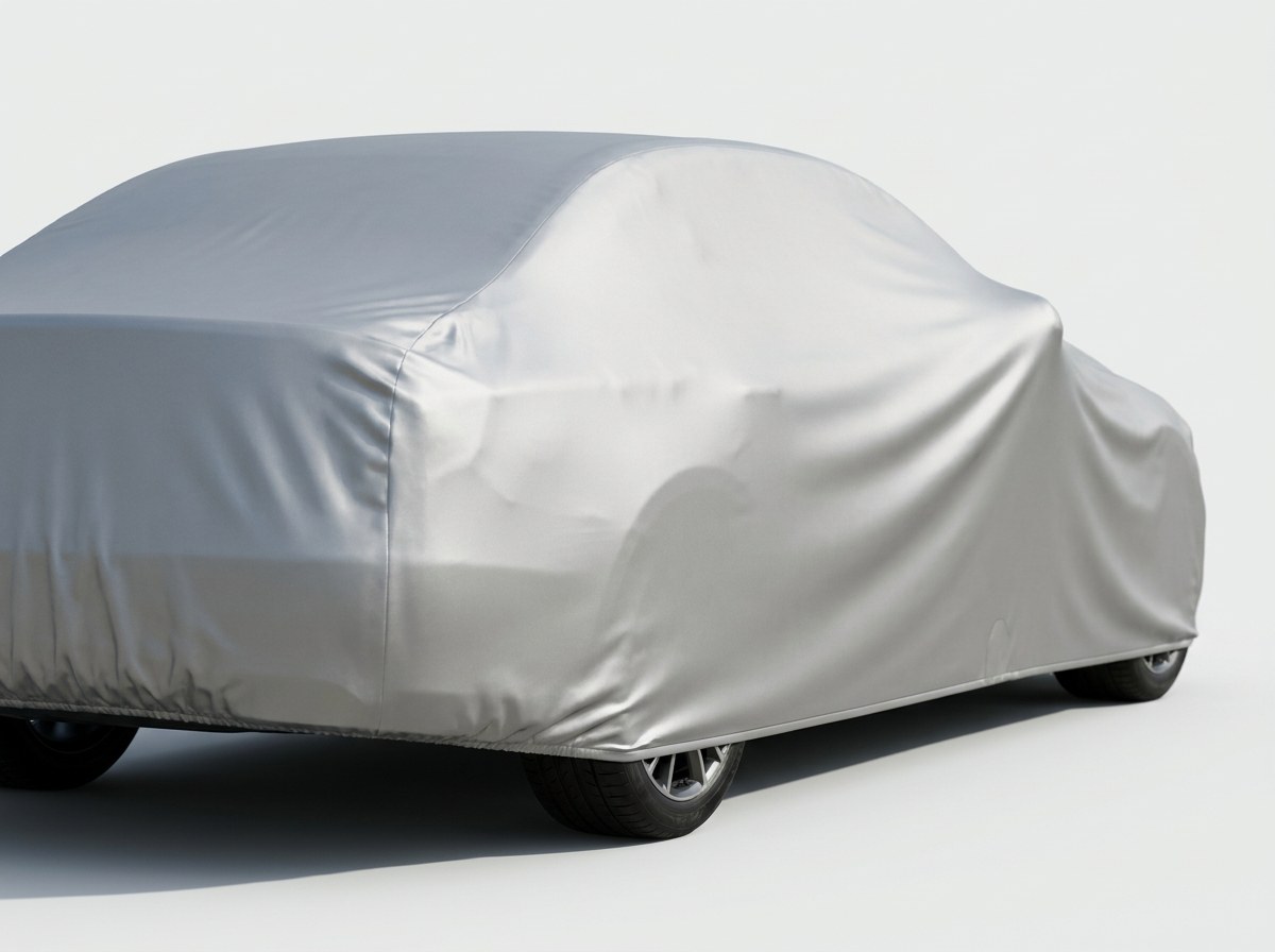 Platinum Shield car cover on a parked car, seen in a low three-quarter view against a plain light-grey studio backdrop, wheels exposed below the hem