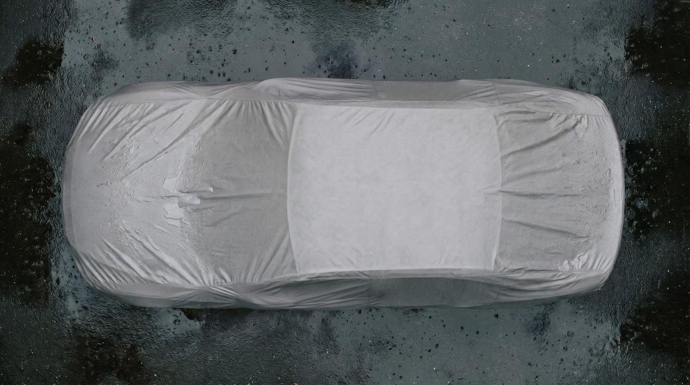 Light grey cover fitted over a car, seen straight down on wet pavement