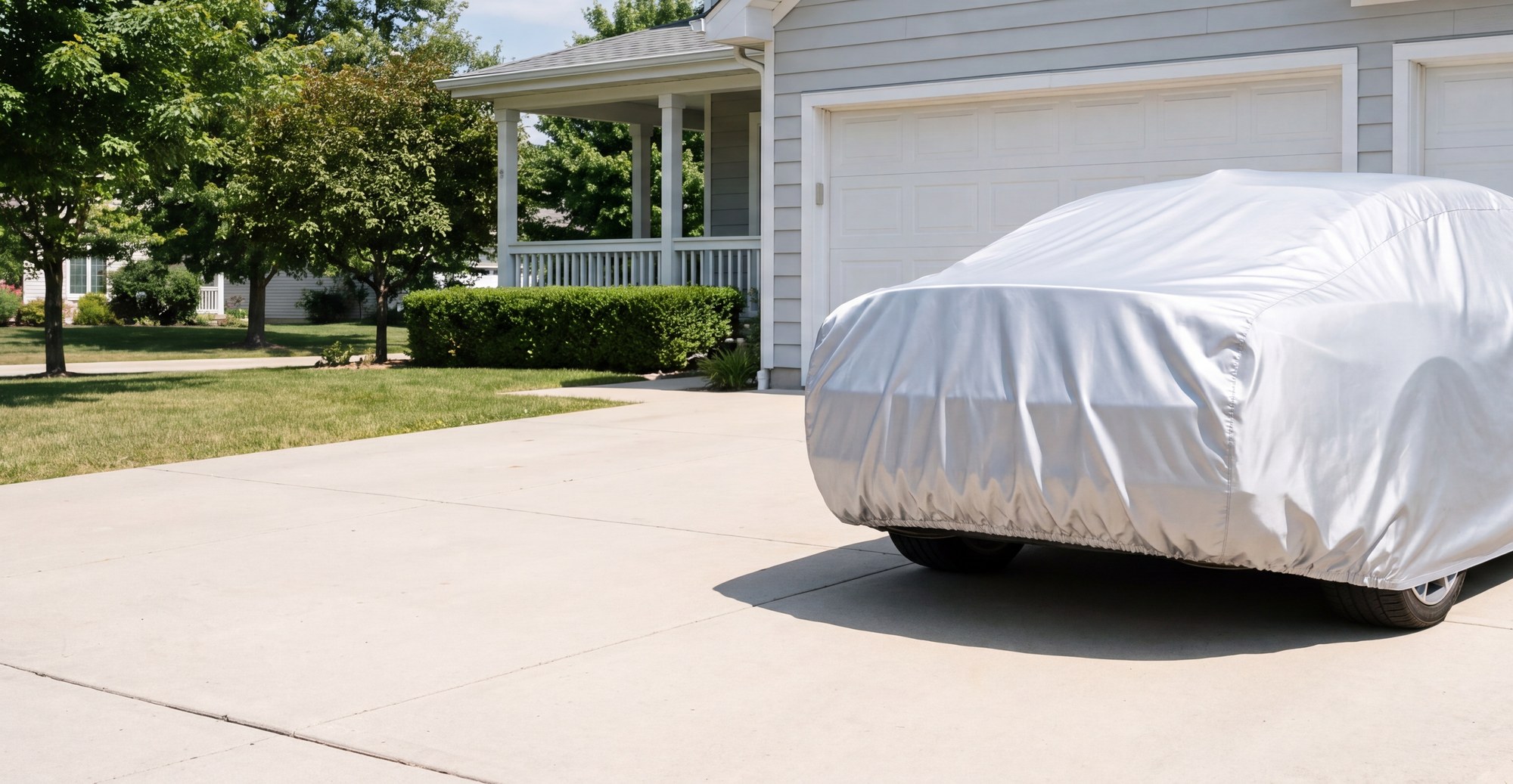 A car under a silver cover, seen from the rear, parked in a sunny home driveway beside a white garage door.