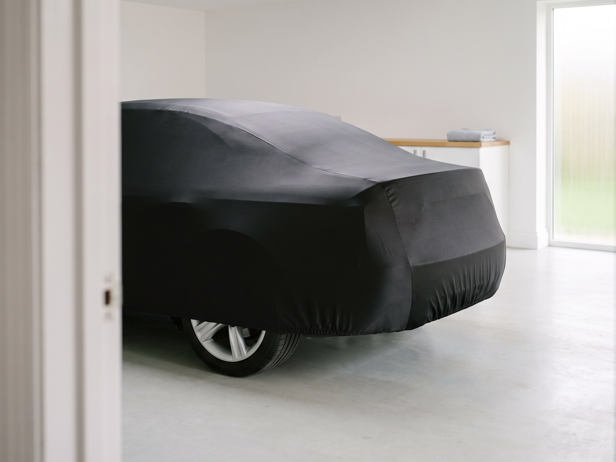 The rear of a sedan under a black stretch cover in a bright white home garage, seen past an open doorway.