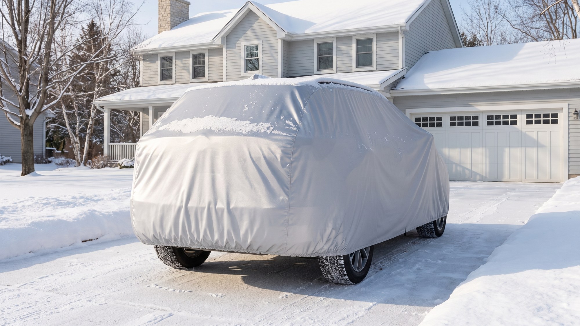 An SUV under a silver outdoor cover with snow on its roof, parked on a snowy driveway in front of a house and garage on a bright winter day