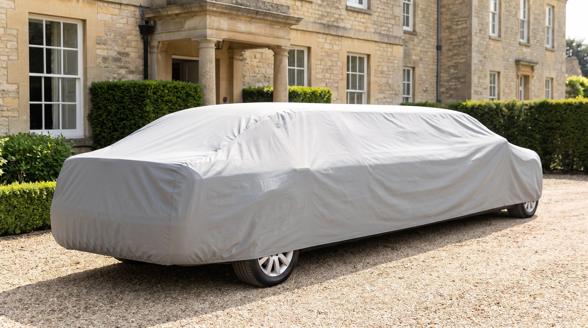 A stretch limousine under a light grey cover on a gravel drive