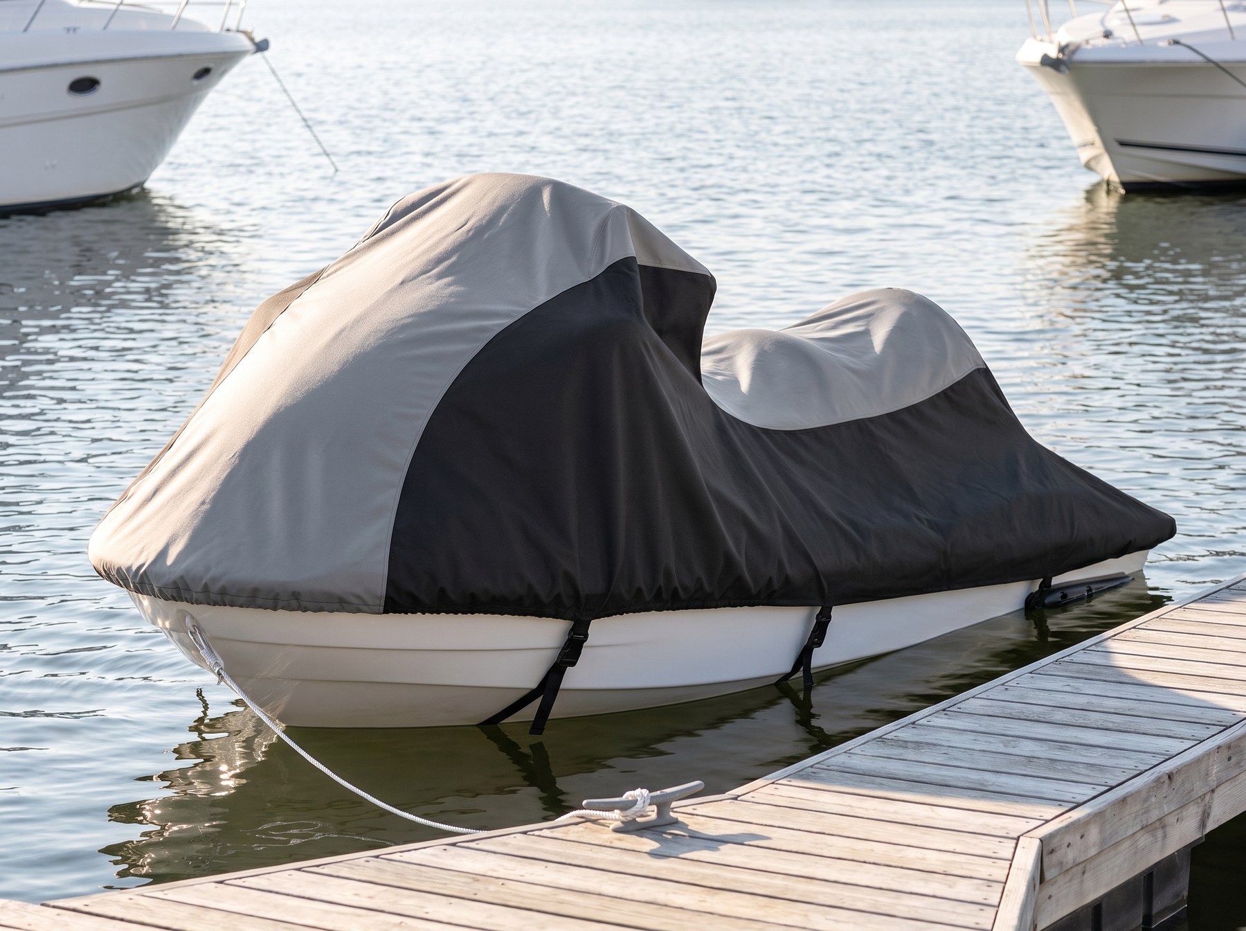 A personal watercraft under a gray and black two-tone cover, floating in its slip beside a wooden dock in soft morning light, a line tied to the dock cleat and boats moored behind.