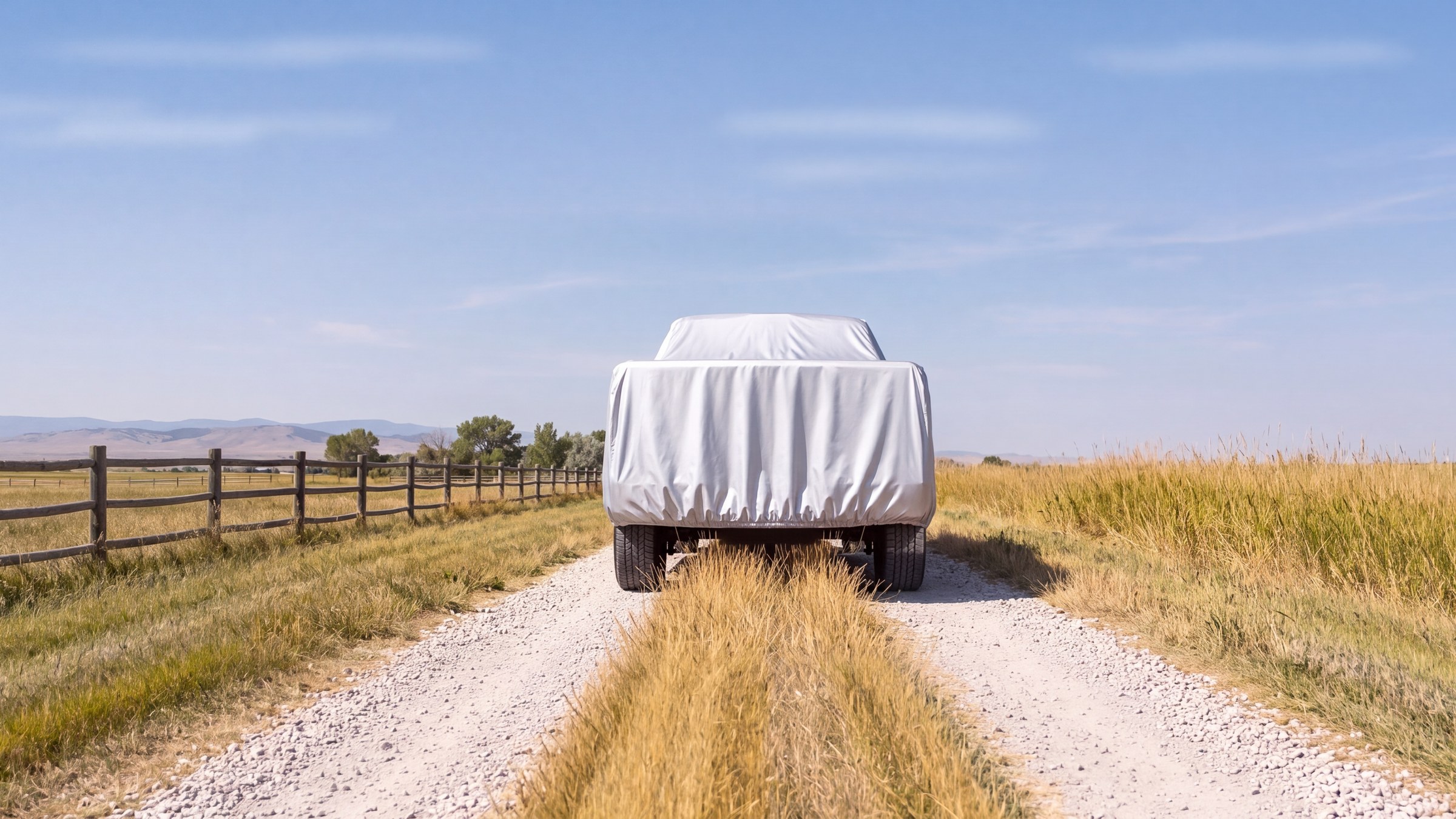 The rear of a pickup truck under a bright silver cover, parked on a farm track between grass fields under open sky.