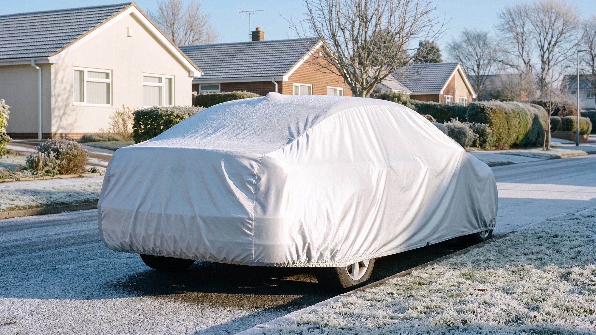 A sedan under a silver outdoor cover, its roof dusted with frost, parked at the curb of a frosted residential street on a clear winter morning