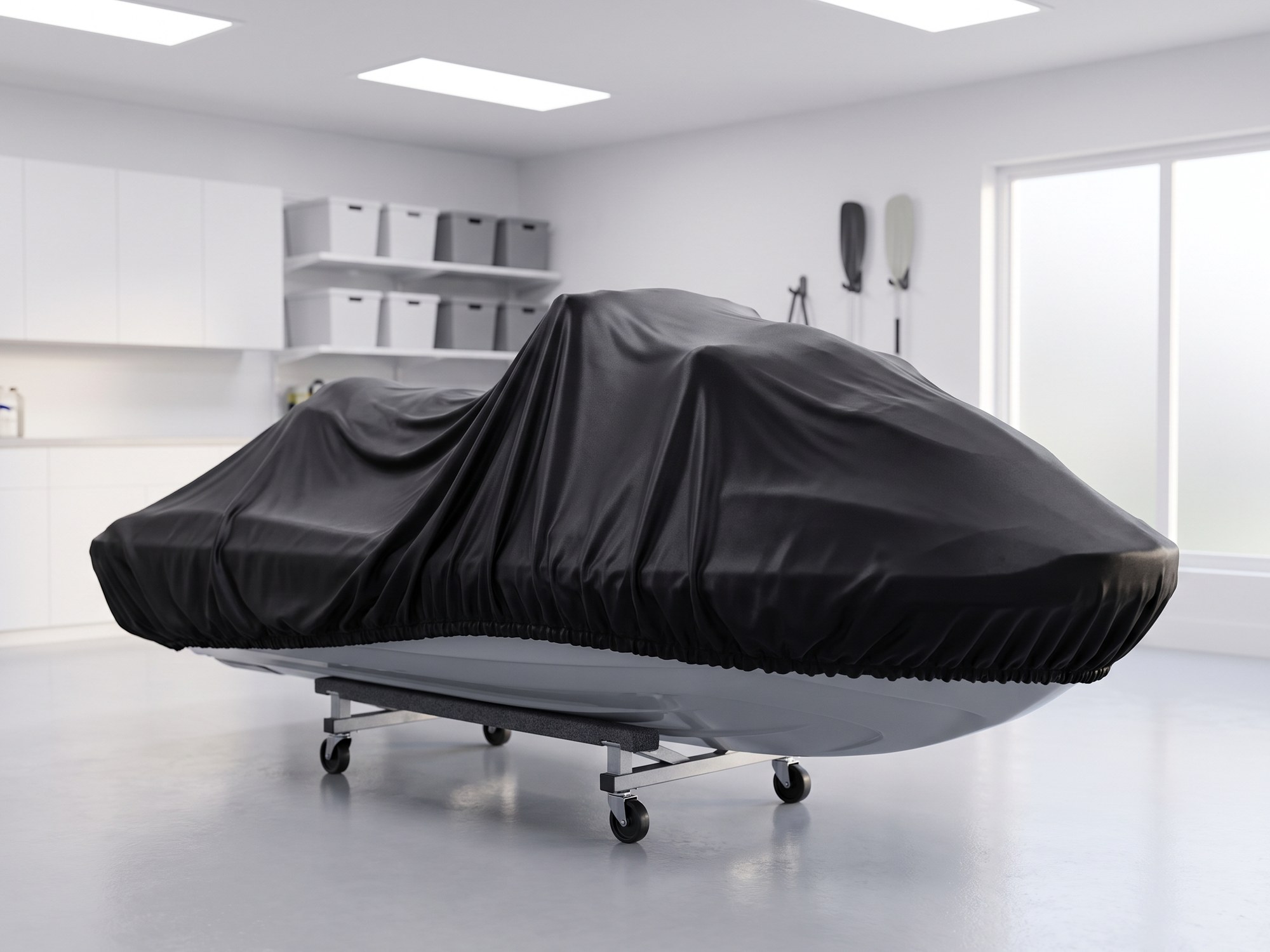 A jet ski on a wheeled dolly under a black stretch cover in a bright, tidy garage.