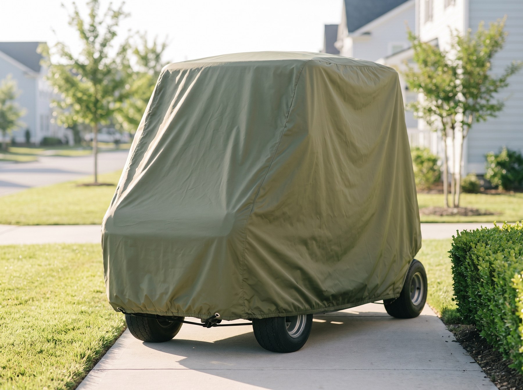 A golf cart under an olive green cover with a soft, rounded roof on a pale garden path between a lawn and a hedge, houses behind.