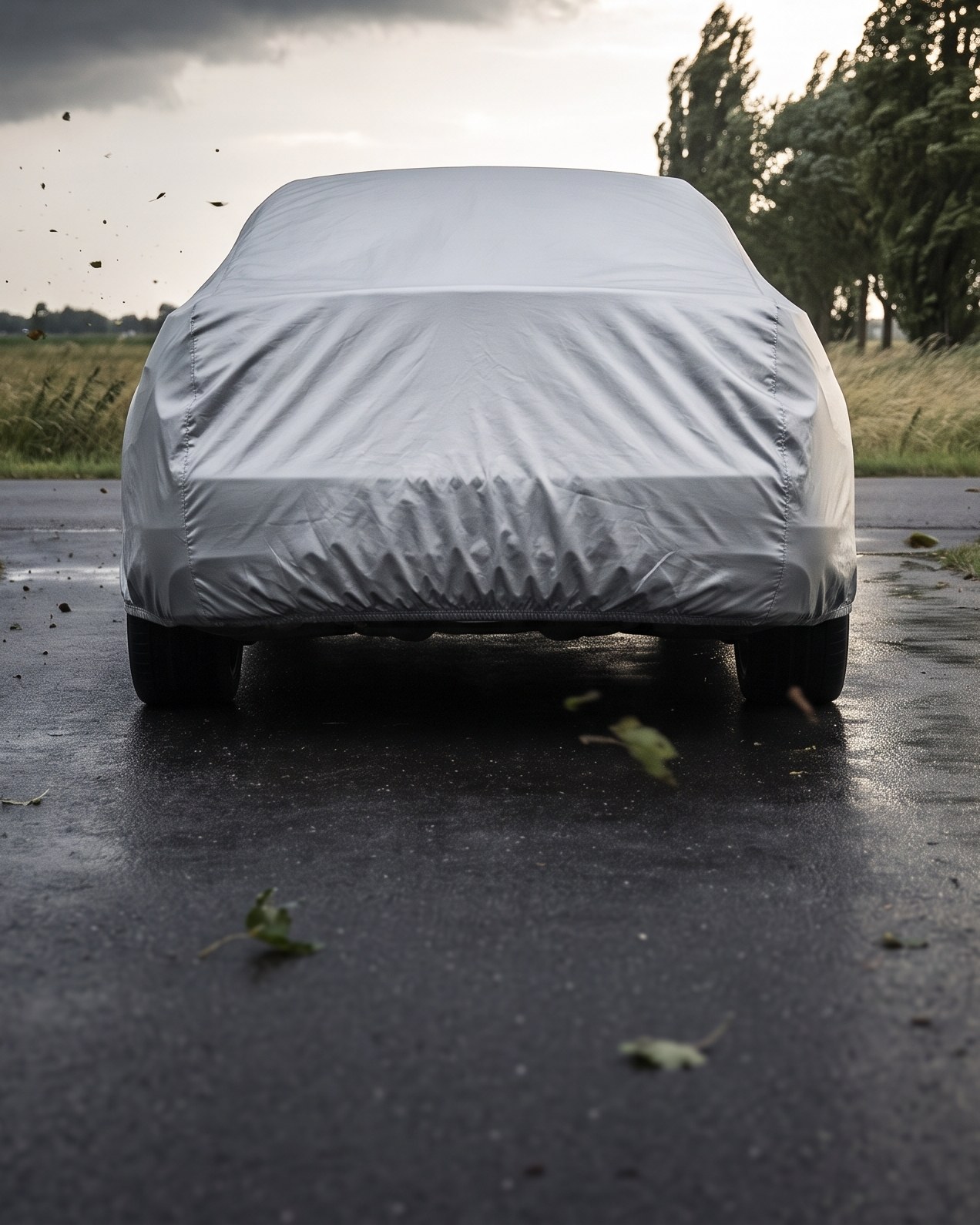 A sedan under a silver cover, seen from directly behind on a wet road in high wind, its hem drawn in under the bumper, leaves blowing past and roadside trees bent by the gusts