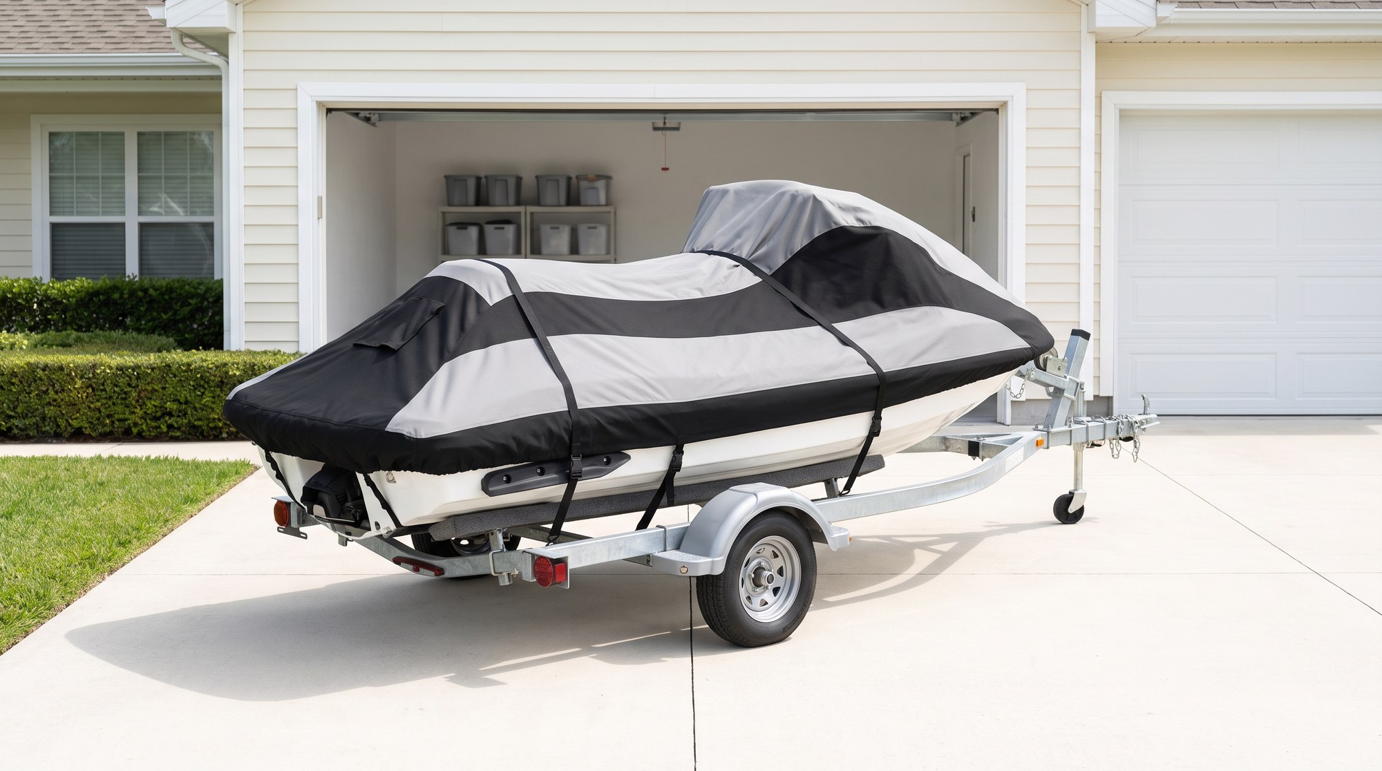 A personal watercraft under a gray and black cover with straps, on a single-axle trailer in a sunny driveway outside an open garage.