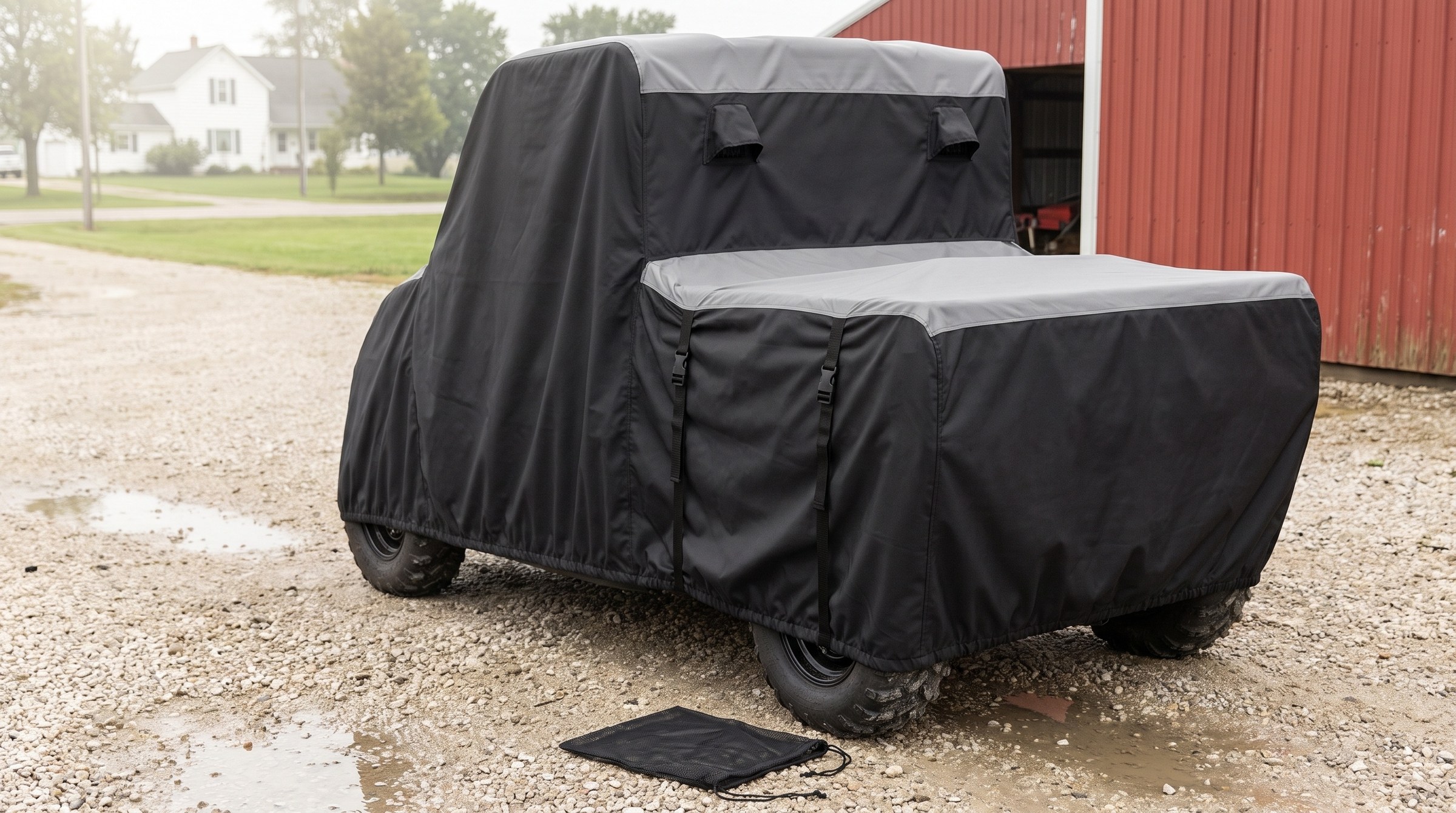 The rear of a side-by-side under a gray and black two-tone cover on a gravel yard beside a red barn, a black mesh storage bag on the ground beside it.