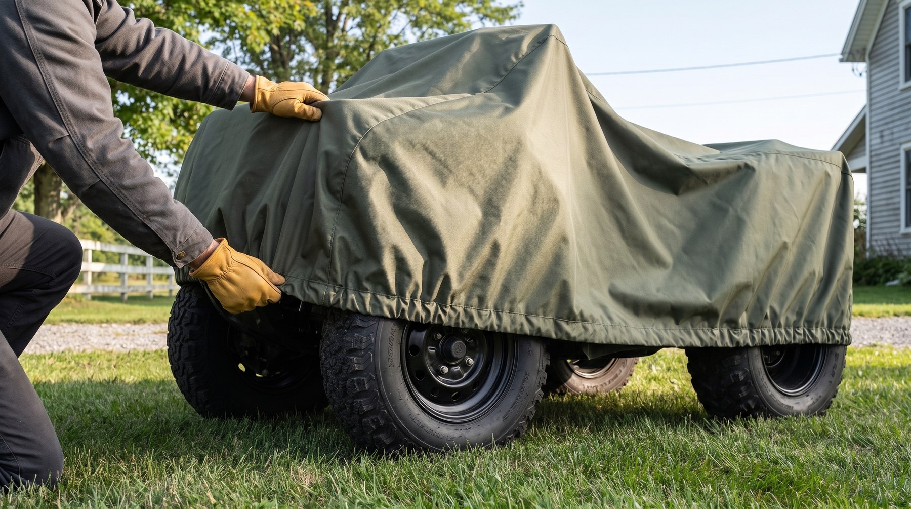 Gloved hands drawing the elastic hem of an olive green cover down over the front tire of an ATV on a lawn, a wooden fence and farmhouse behind.