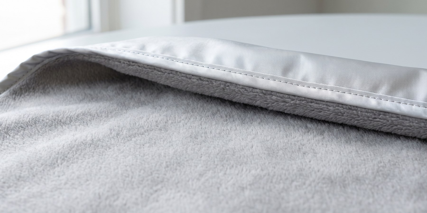 Close-up of the soft grey fleece liner, with the silver outer shell folded over it at a stitched edge