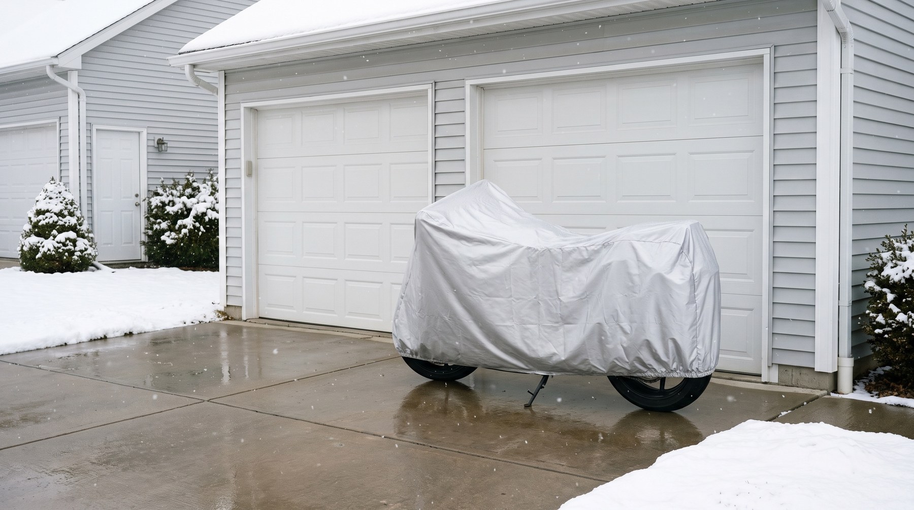 A motorcycle under a silver cover on its side stand on a wet driveway in front of a white garage door, light snow falling and snow on the lawn.