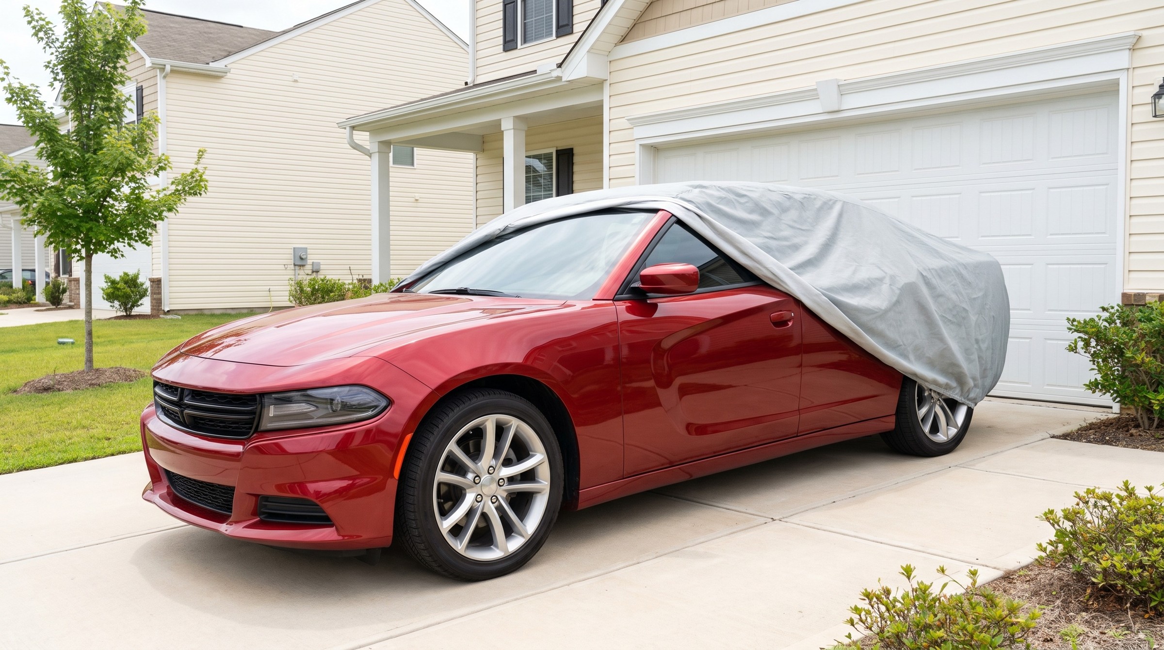 A red sedan with a light grey cover drawn back off the front, the door mirror in the open, on a concrete drive in front of a cream house.